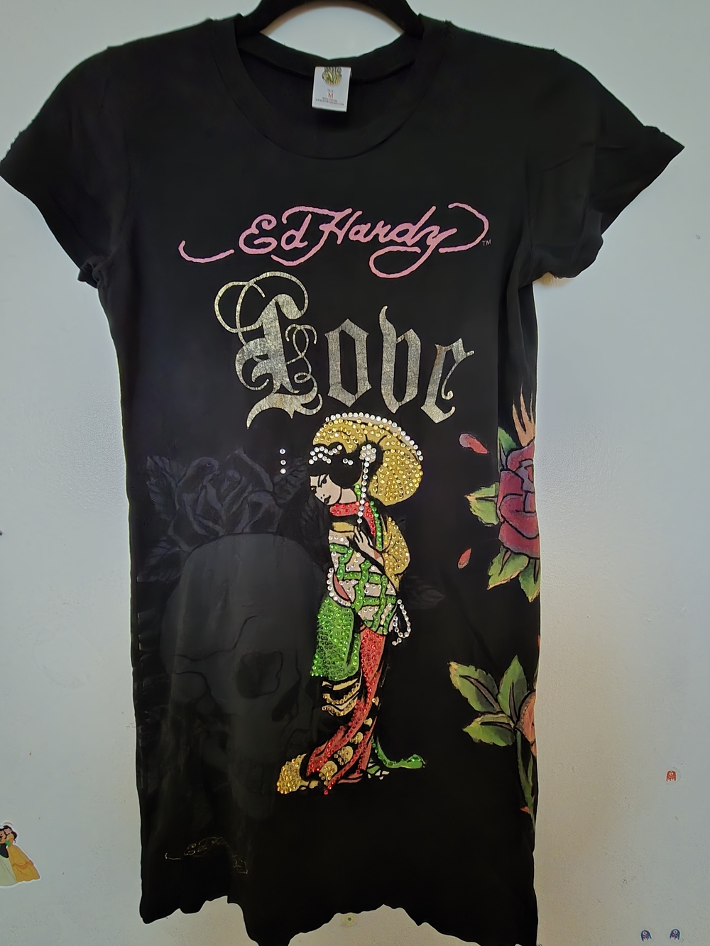 Ed Hardy Vintage Y2K Black Rhinestone Tattoo Geisha Tee Dress